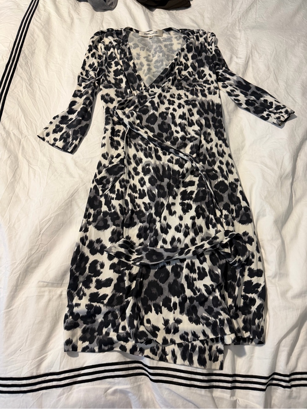 Diane Von Furstenberg Black and White Leopard-Print Wrap Midi Dress